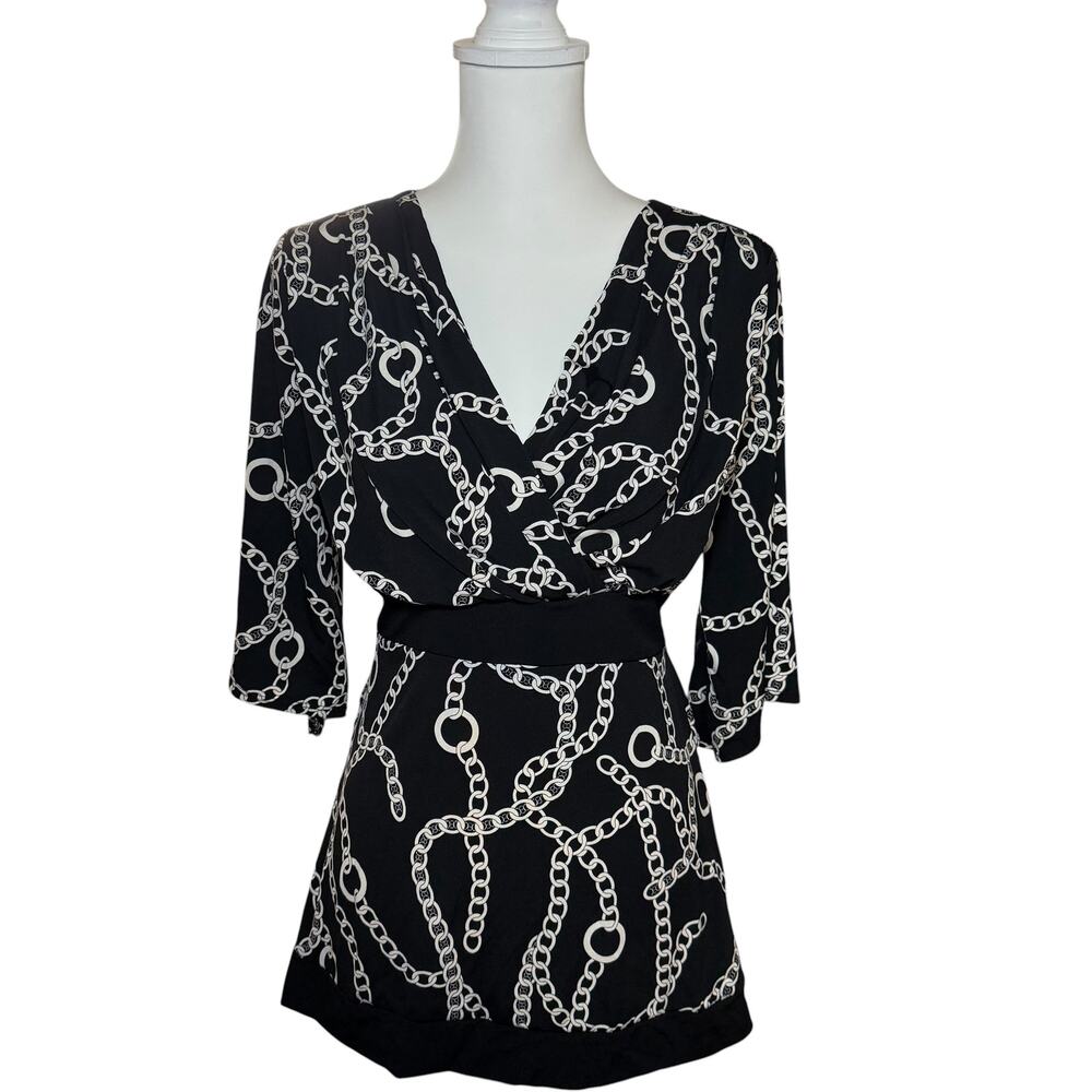 Y2K Apostrophe Black Chain Print Babydoll Top Size Small